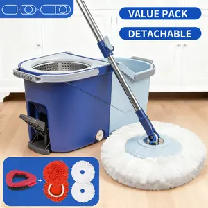 Microfiber Spin Mop and Bucket Set Spin Mop Bucket System With Microfiber Mop Replacement Heads Adjustable Handle And 1 Brush Head for Floor Cleaning