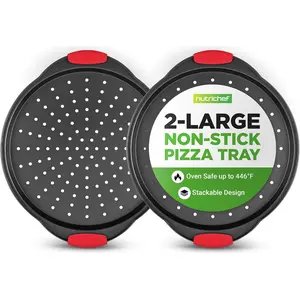 2-Piece 13-Inch Nonstick Round Carbon Steel Pizza Pan with Perforated Holes, Premium Bakeware Pizza Screen with Silicone Grip Handles, Dishwasher Safe
