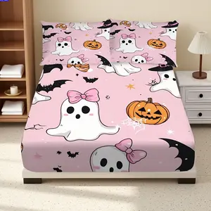 3pcs Halloween Ghosts and Jack High-Quality Fitted Sheet Set – Perfect for Hotel Rooms, Family Bedrooms & Guest Spaces (Includes 1 Flat Shirt + 2 Pillowcases)