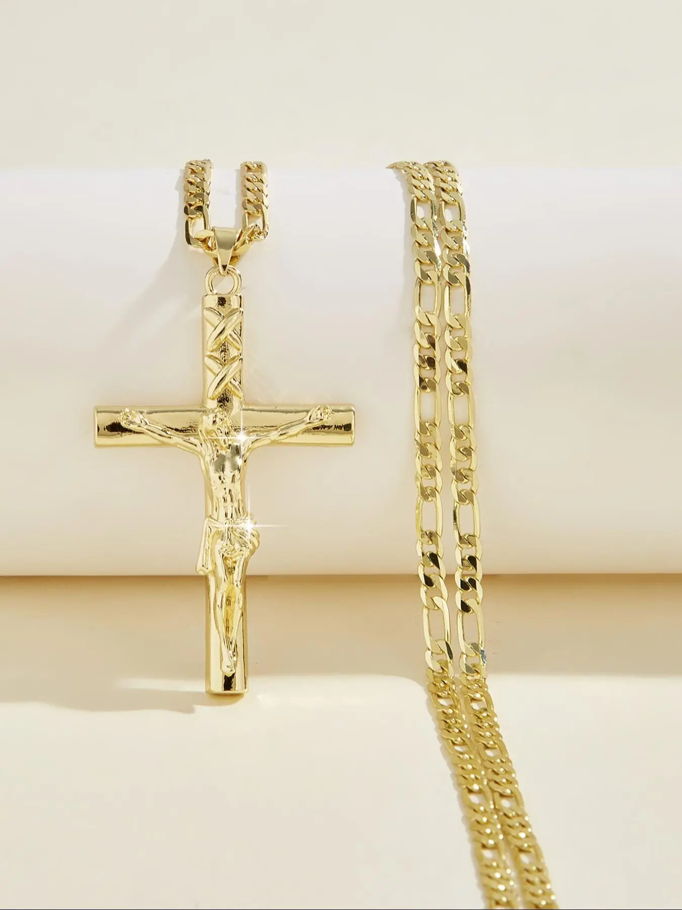 Fashion Punk Jesus Cross Pendant Necklace, Men's Copper Gold Plated Holy Christian Jewelry, Faith Necklace, 24-Inch Flat Chain, Festival Gift, Cuban Link Chain, Cross Necklaces