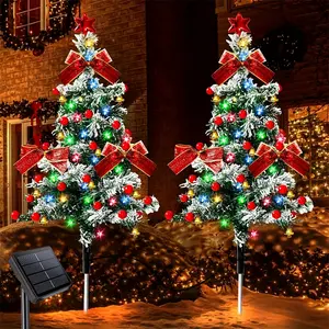 2 Pcs Solar Christmas Tree Garden Stake Lights Outdoor Christmas Tree Lighted Yard Decorations Multicolor LED Solar Stakes For Pathway Lawn Patio Xmas Ornament