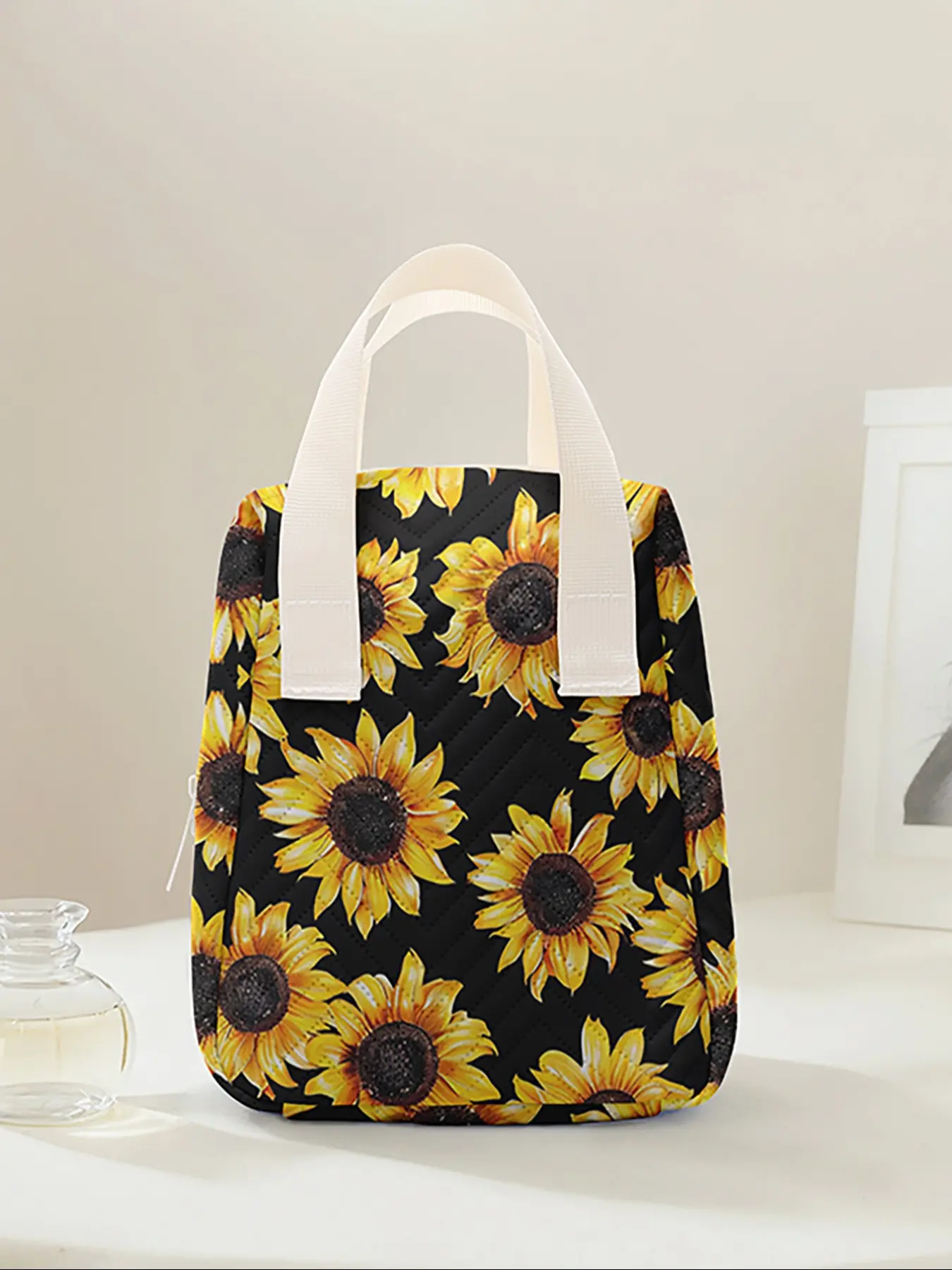 Reusable Sunflower Print Women's Handbag, Cosmetic Storage Bag with Compartments, Ideal for School, Work, Travel, Business Trips