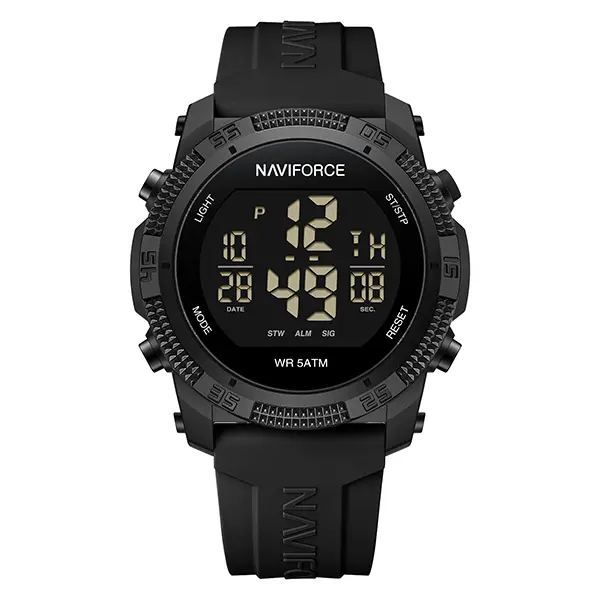 Naviforce Men's Sports Digital Watch, 45mm Waterproof Poly Carbonate Case with Rounded Dial, Alarm, Stopwatch, and Rubber Strap