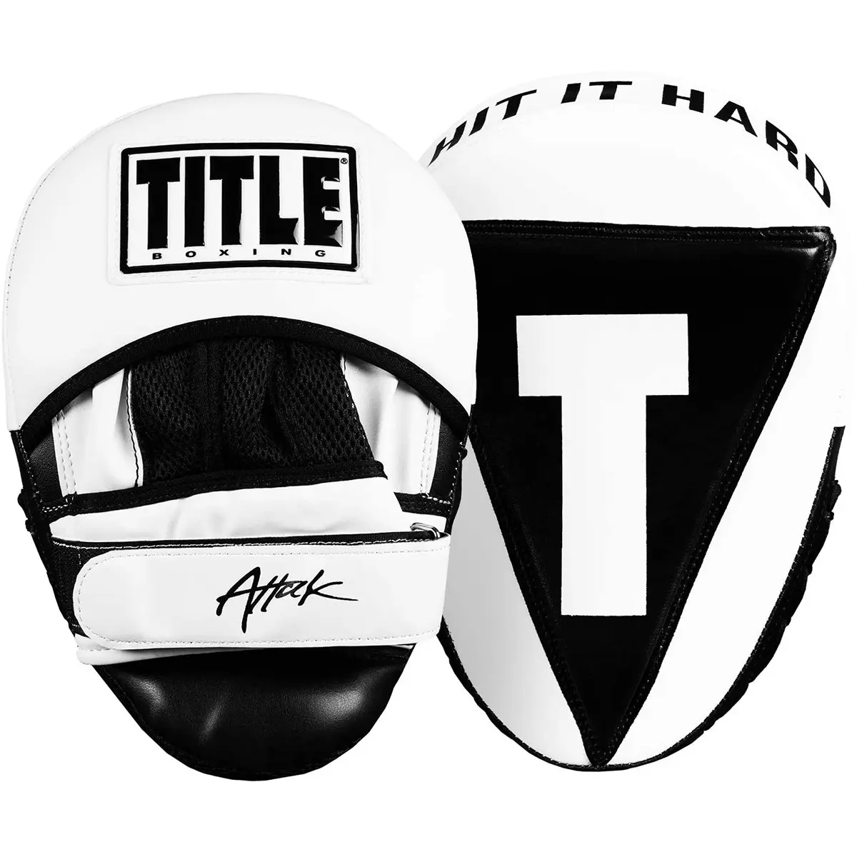 TITLE Boxing Attack Big-T 2.0 Punch Mitts - Full Grain Leather Martial Arts Focus Pads for Athletes, 2.5" Thick Contoured Shock Suppression Foam for Extended Life, 10"x7.75" Size, Rubber Palm Ball, Reduces Trainer Impact, Security & Impact Resistance