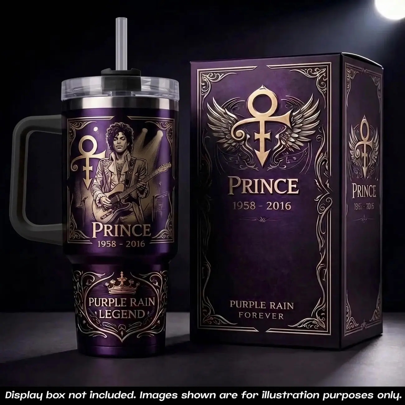 Prince 1958-2016 Tribute Insulated Tumbler - Limited Edition Purple Rain Legend Gold Engraved Reusable Travel Mug with Handle, Straw, Lid & Stylish Printed Design, Premium Stainless Steel Cup, Musician Fan Collectible Gift