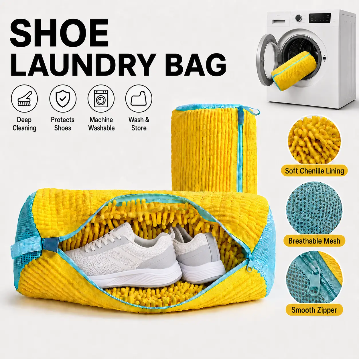 Shoe Laundry Washing Bag for Washing Machine, Reusable Chenille Mesh Laundry Bag with Zipper, Protects Sneakers, Running, Tennis & Canvas Shoes, Home & Travel-YY