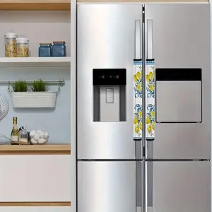 2pcs 4.7x15.7 inch Lemon Blue Ribbon Floral Pattern Kitchen Appliance Handle Covers | Removable and Reusable Protective Covers for Refrigerator/Dishwasher/Microwave/Oven.  Home Decor, Holiday Gift, Flower. 2.07LYY-13