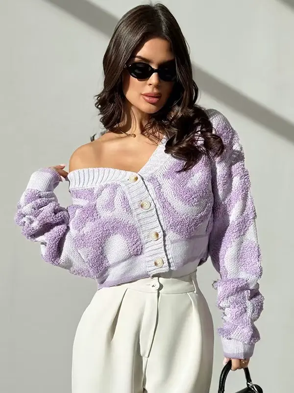 Knit Color Block V-Neck Sweater with Embroidery for Women, Long Sleeves, Fall/Winter/Spring