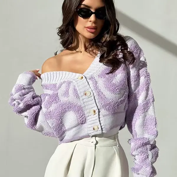 Women's Embroidered Color Block Knitting Cardigan - Long Sleeve V-Neck Fitted Stylish Wear, Cute Tops, Sweaters, Fall-Winter Casual Knitwear for Women, Tops For Women, Long Sleeve Tops Women