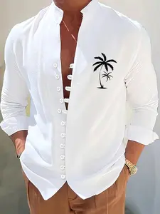 Men's 3D Digital Print Shirt Thanksgiving Daily Style Unique Palm Tree Design Comfortable Polyester Long Sleeve Vneck Menswear Top Ideal for Gifting Casual Summer Clothes Casual Regular Fit