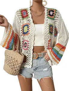 Women's Floral Crochet Cardigan Boho Hollow Out Sweater Lightweight Breathable Layering Beach Vacation Spring Outfit Gift Ladies Tops Vintage Knitwear