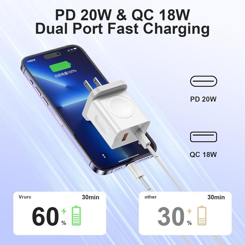 Watch Charger,20W 3-in-1 Fast Charging Block with Magnetic Wireless Charging and Dual Ports, Portable USB C PD Travel Plug Compatible with Phone,  Watch Series (Black)