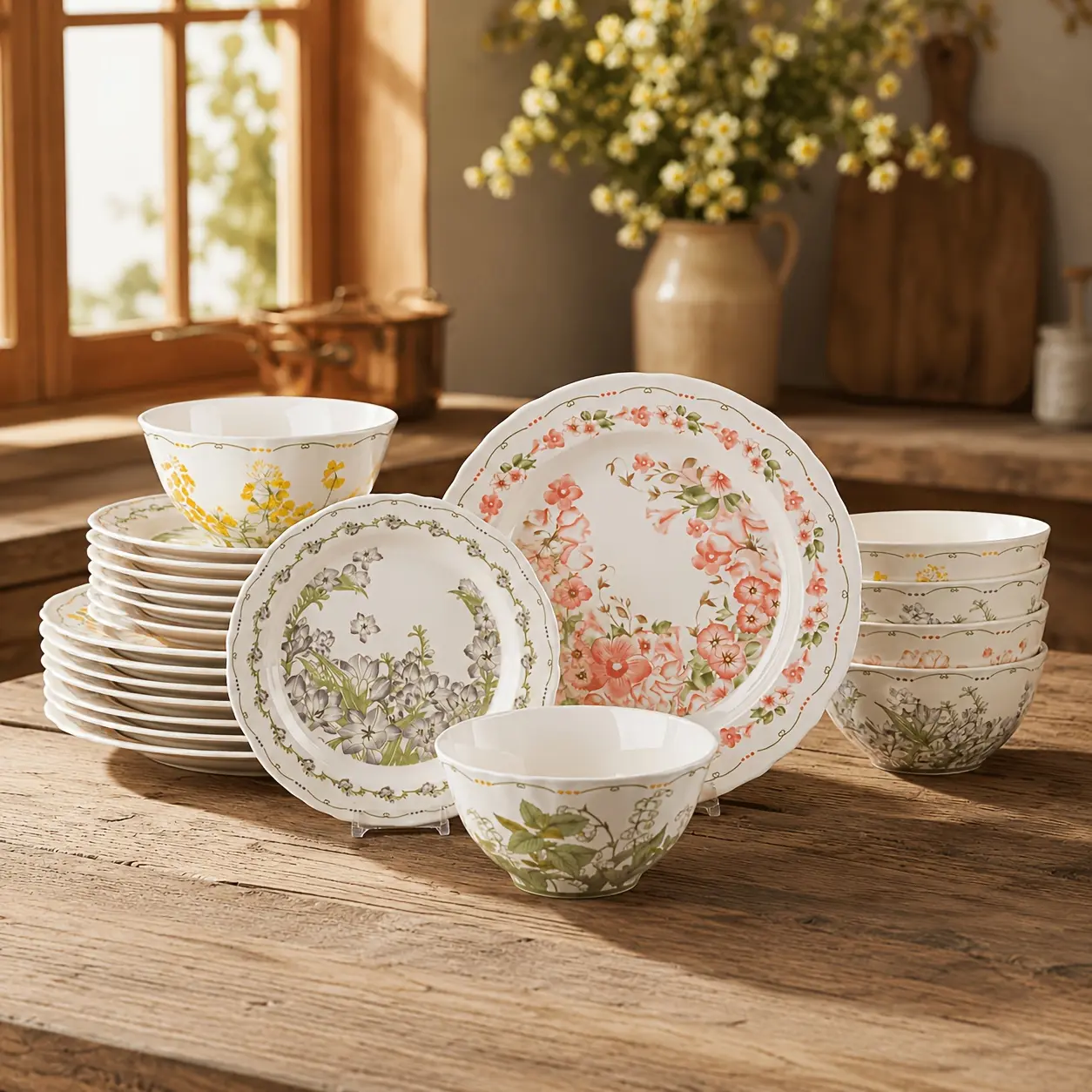24-Piece Floral Porcelain Dinnerware Set for 8, Plates and Bowls Set, Dinner Plates, Serving Plates & Salad Bowls, Scratch-Resistant, Microwave, Dishwasher & Oven Safe, Dinnerware Set for Everyday Dining