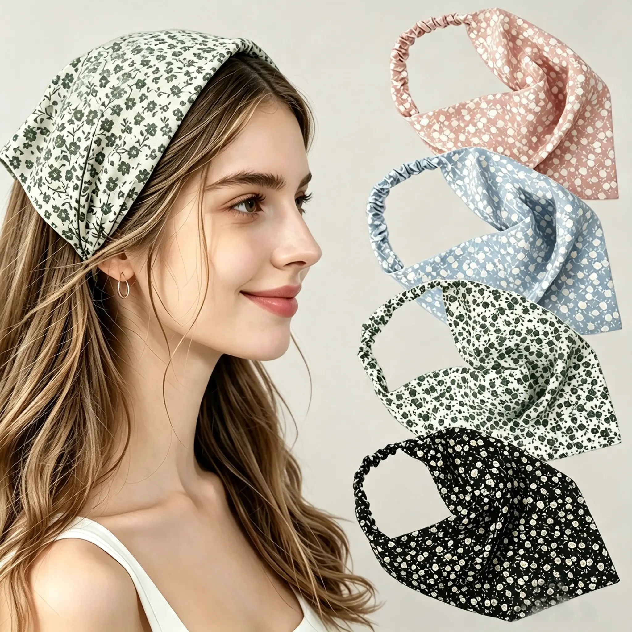 5-piece Daisy Chiffon Headband Triangle Scarf Women's Elastic Band Pastoral Style Silk Scarf Hairband Headband