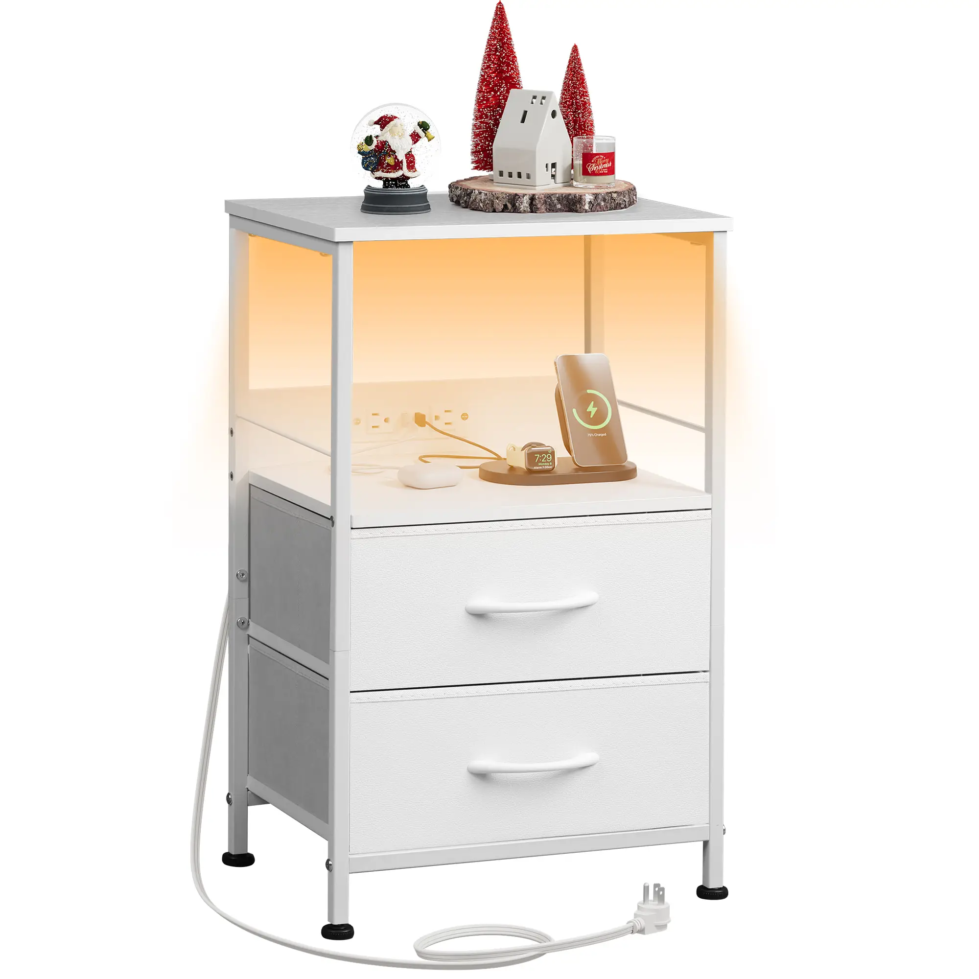 WLIVE Minimal LED Nightstand with Charging Station | 2-Drawer Storage Dresser for Small Spaces, Open Shelf Bedside Table & Organizing with USB Ports