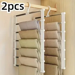 2pcs Stainless Steel Folding Pants Rack Folding Hangers | Multi-layer Wardrobe Storage, Neck Hanging Organizer for Jeans, Leggings, Scarves | Home & Mall Essential