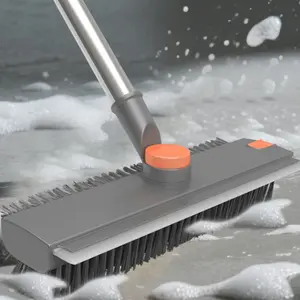 360° Rotating V-Shaped Floor Scrubber Brush with Long Handle, Heavy Duty Bathroom Shower Cleaning Brush with Stiff Bristles and Silicone Squeegee, Adjustable Stainless Steel Pole for Tile, Tub, Grout, Wall, Mirror, Deck, Pool and Indoor Outdoor Use
