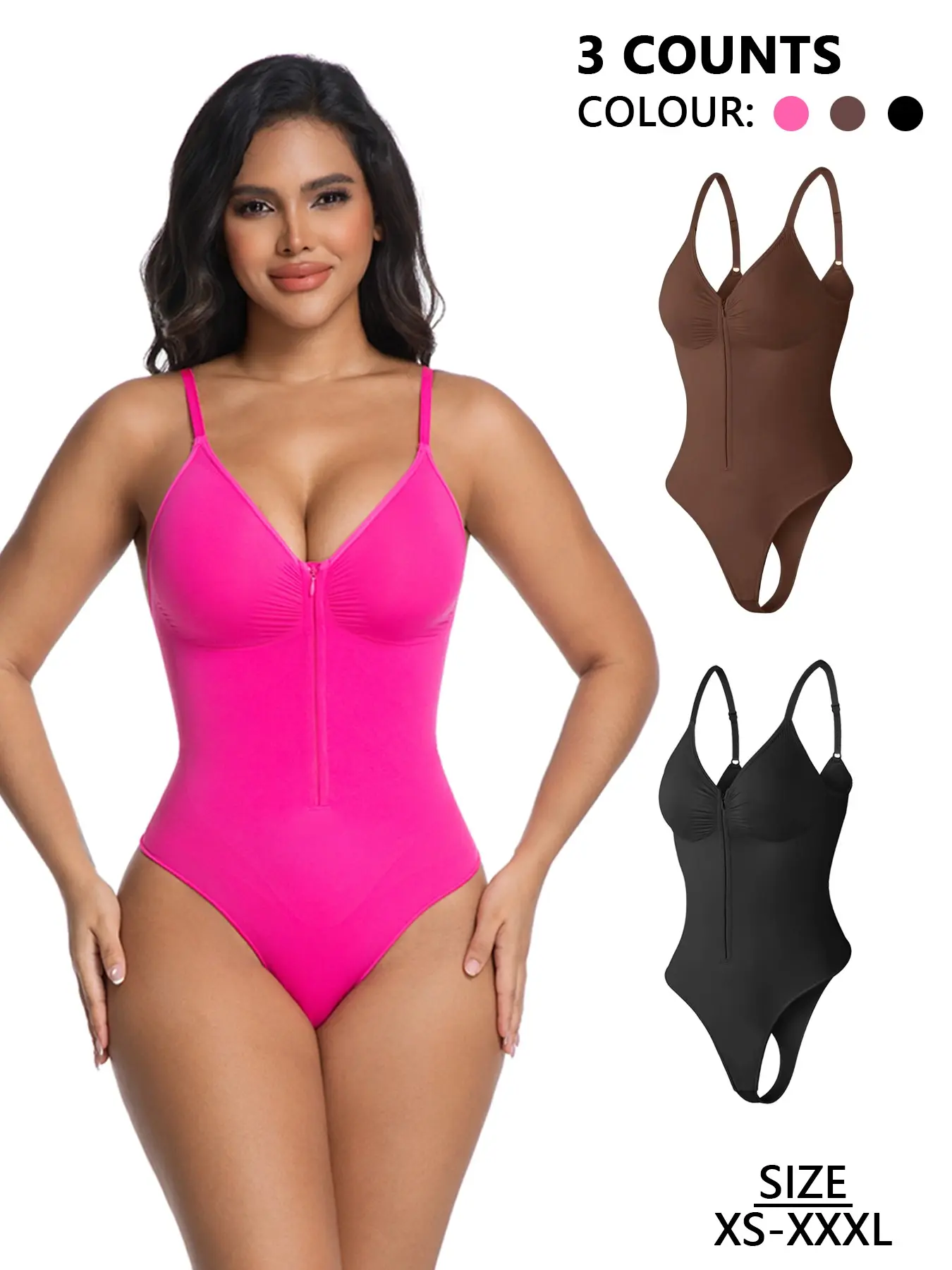 Women's Seamless Compression Elastic Shapewear Bodysuit with Front Zipper, Body Shapewear Faja, V-Neck Thong Design, Tummy Control & Push-Up, High-Waist Shaping, Comfortable Fit