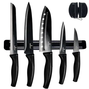Kitchen Knife Set Kit | Black Magnetic Rack & Sharpener