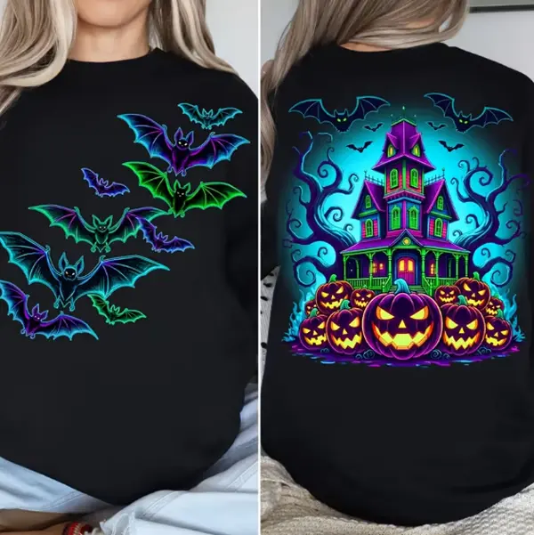 Halloween Haunted House with Pumpkins And Neon Bats DTF Heat Transfer Sticker, #SohoChic 10In Washable Iron-On Vinyl Decal, Spooky Glow-In-The-Dark Style Print for T-Shirts, Hoodies, Bags, Party Costume Apparel