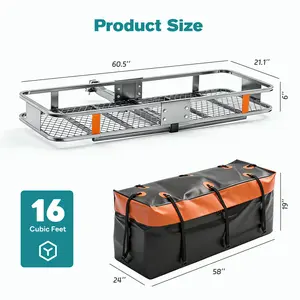 Folding Hitch Mount Cargo Carrier Basket 60x21x6 with Waterproof Luggage Bag 16 Cubic Feet, 500 Lbs Capacity Cargo Basket, with Hitch Stabilizer, Straps, Net