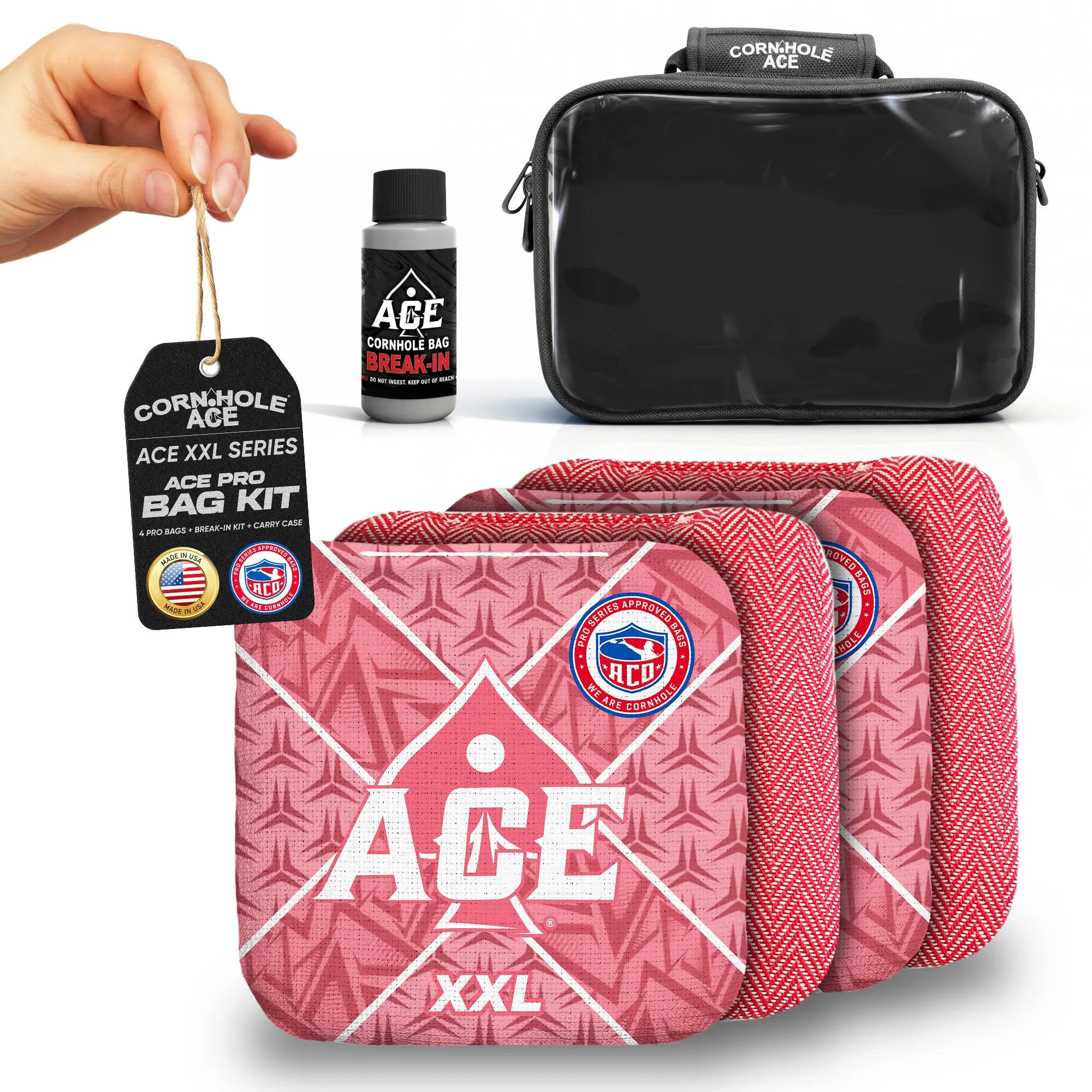 ACE XXL Series Pink Carpet ACO Pro Approved Cornhole Bag Kit | 4 Bags, 5/9 Speed + Break-In Kit + Carry Case