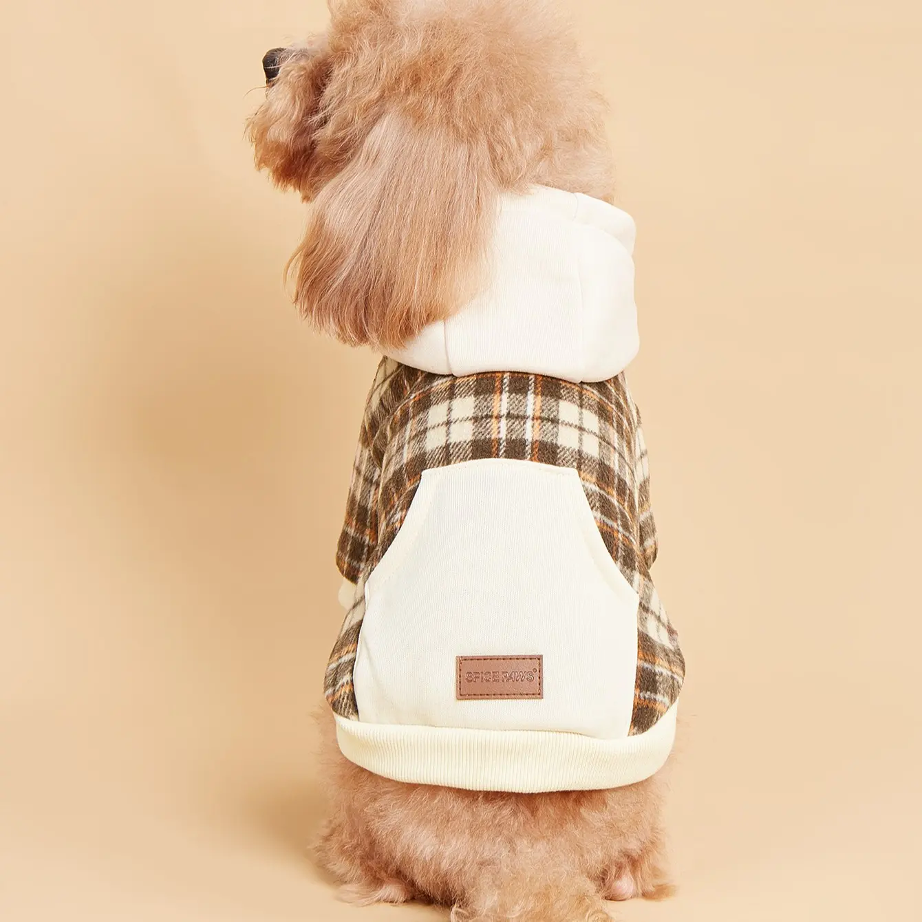 Plaid Pet Hoodie, Cute Brown Checkered Dog Sweatshirt. Button-Front Hooded Apparel with Pocket for Small/Medium Dogs, Poodle, Warm Comfortable Daily Wear