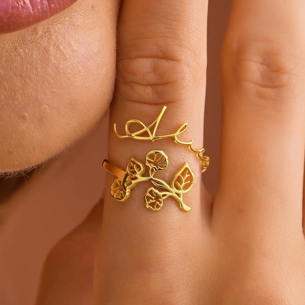 Name Birthflower Ring, Custom Birthflower Ring, Birthflower Personalized Ring, Birthflower Keepsake Ring, Mother Name Ring, Name Bridesmaid Ring, Name Engagement Ring, Name Minimalistic Ring, Name Valentines Ring, Name Christmas Ring, Name Birthday Ring
