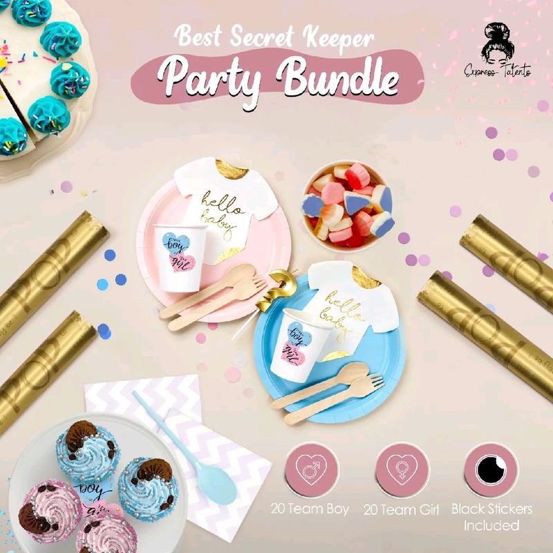 Gender Reveal Confetti Powder Cannons Set of 4 (2 Pink 2 Blue) 40pcs Team Boy Team Girl Voting Stickers