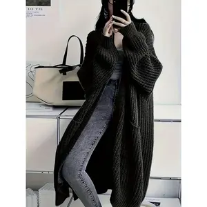 Plus Size Open Front Loose Knitted Cardigan, Casual Long Sleeve Long Cardigan with Pockets, Women's Plus Size Clothing