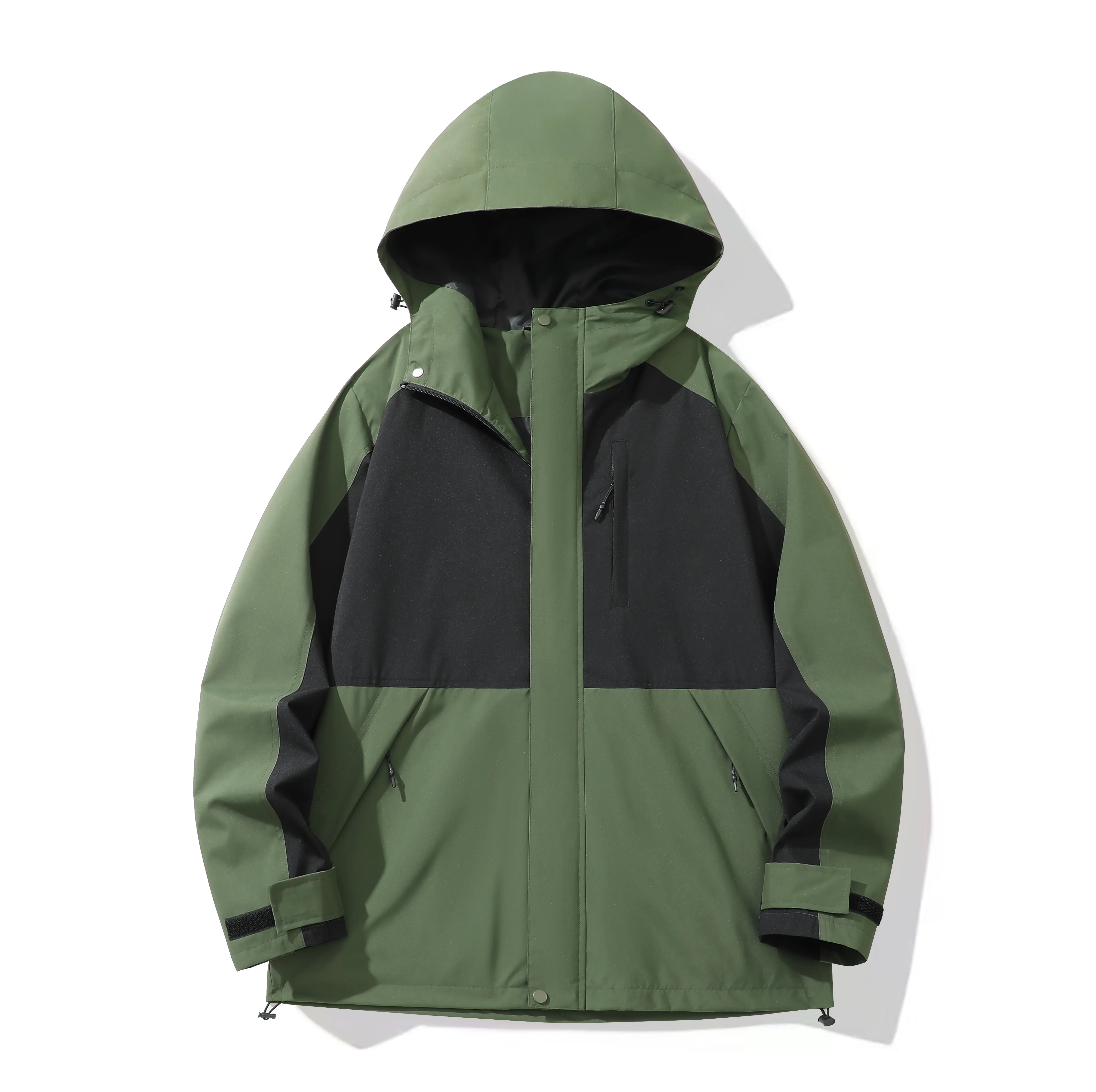 Unisex hooded outdoor jacket, waterproof and windproof, adjustable hood with drawstring, Velcro cuffs, anti-theft zippered pockets, loose casual fit for hiking, camping, and everyday outdoor activities
