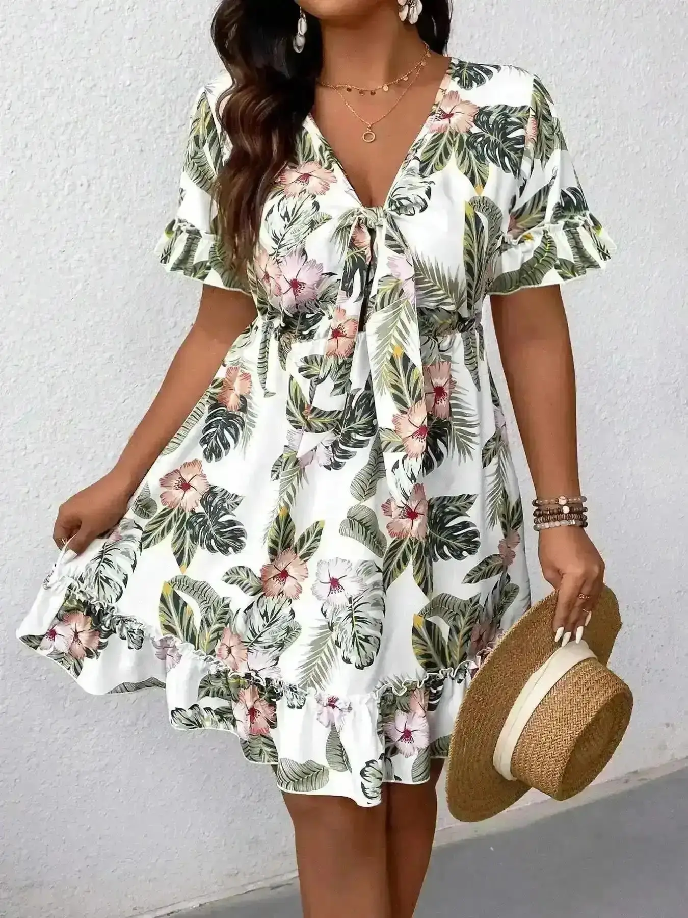Fashion Ladies Bodycon Dress, Size Tummy Control Tropical Floral Mini Dress Tie Front V-Neck Flutter Sleeve Ruffle Hem Beach Vacation Summer Sundress Hawaiian Luau Outfits, Boho, Casual Flowy Resort Wear Bohemian Print