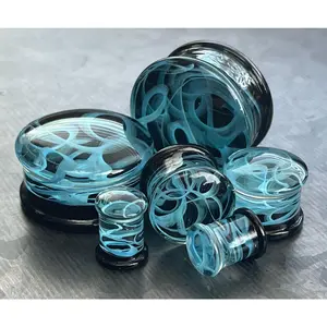 PAIR of Blue Swirling Smoke Style Pyrex Glass Double Flare Plugs - Gauges 2g (6mm) through 1" (25mm)