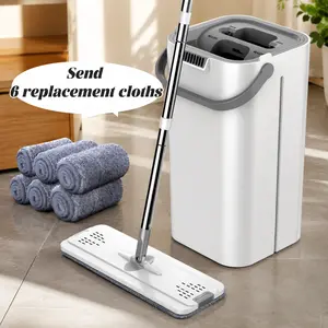 Efficient Mop and Bucket Set with Reusable Microfiber Pads, Hands-Free Flat Squeeze Design, Long Handle for Easy Cleaning