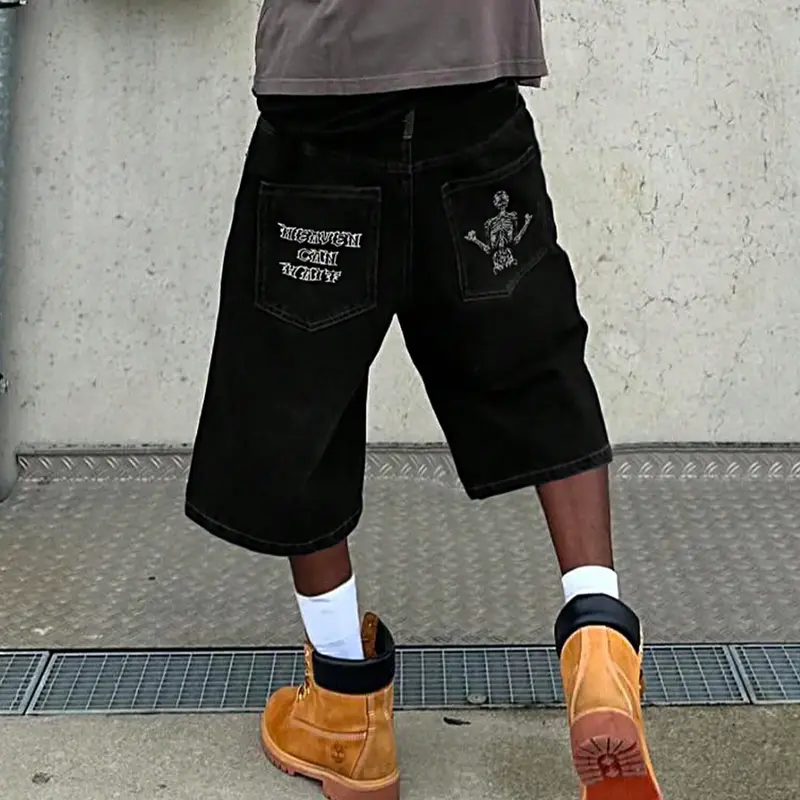 Loose Denim Shorts, Embroidered Street Style Jeans, Comfortable Casual Wear, Perfect for Everyday, Trendy Fashion, Pocket, Streetwear, Denim Bermudas
