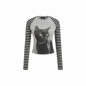 Cider Cotton-blend Cat Graphic Striped Round Neckline Long Sleeve Tee
