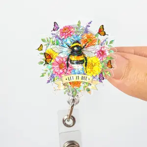 Floral Bumblebee Hologram Badge Reel: Teacher Nurse ID Holder