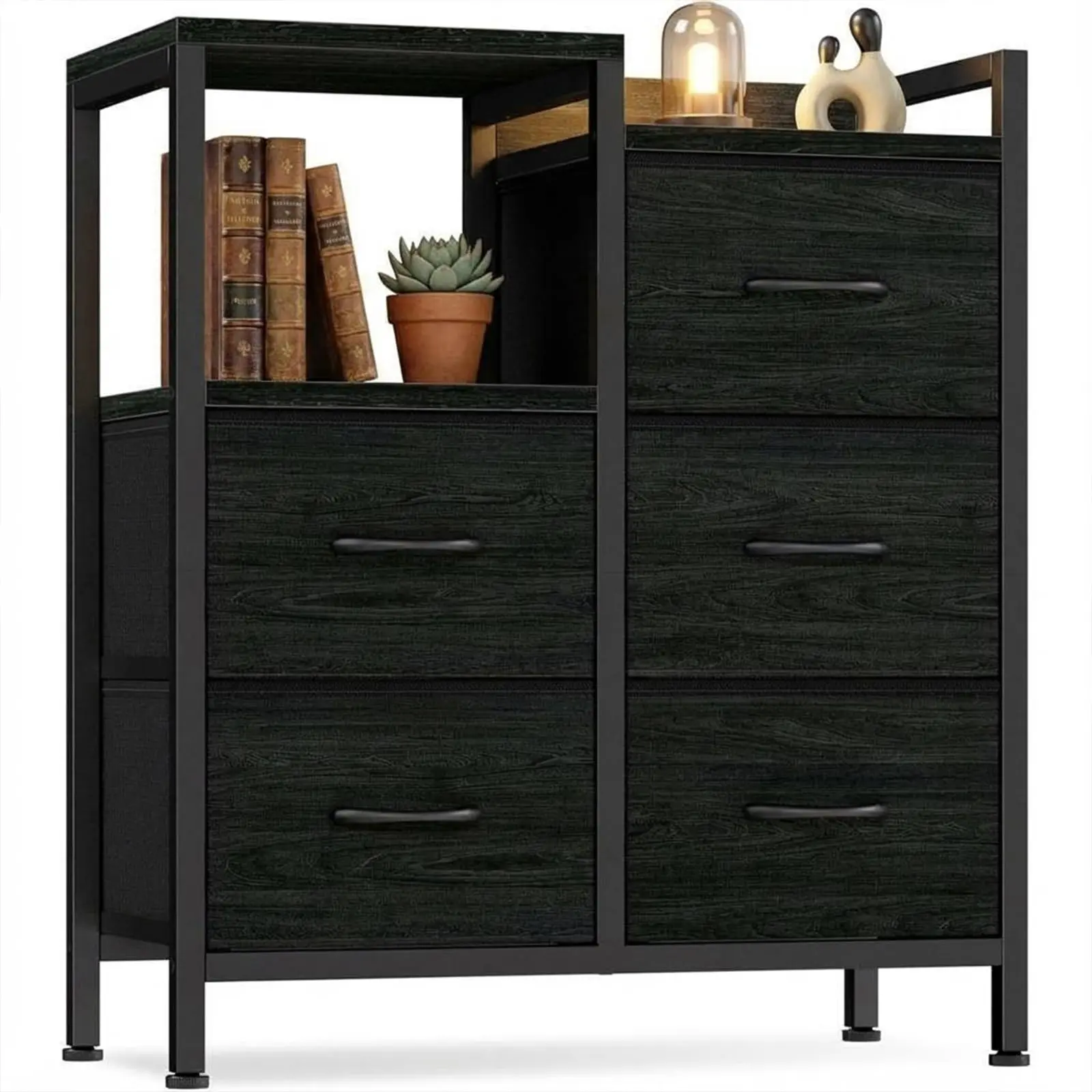5-Drawer Mobile File Cabinet with Open Storage Shelf – Rolling Printer Stand – Fabric Lateral Filing Cabinet for Home Office – Fits A4 & Letter Size Files – Office Storage Organizer