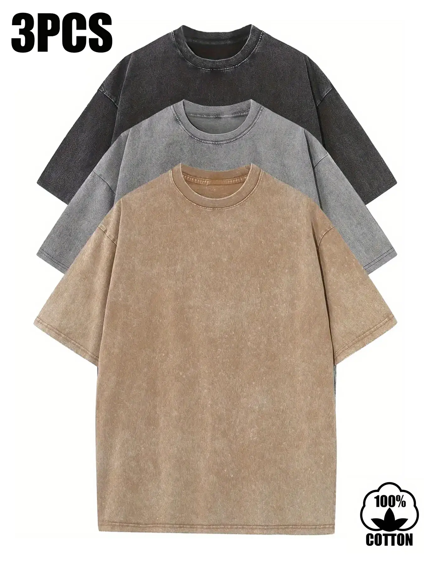 Set of 3 men’s 100% cotton loose solid-color T-shirts; heavyweight vintage plus-size washed distressed casual short-sleeve crew neck T-shirts for summer outdoor wear