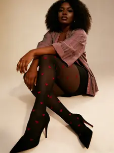 Plus Size Women’s Heart Jacquard Tights, Woven Love Pattern, Stretchy, Elegant, Romantic Statement Leggings for Valentine’s Day Womenswear