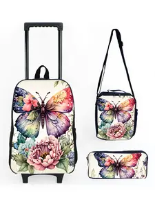 17-inch Trolley Backpack Three-piece Set with Butterfly Print Pattern (Single-layer Trolley Backpack + Shoulder Strap Lunch Bag + Single-layer Pencil Bag)