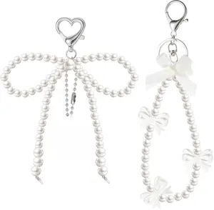2PCS Pearl Bow Keychains – Aesthetic Y2K Bag Charms with Heart & Bowknot, Cute Purse & Car Key Accessories for Women