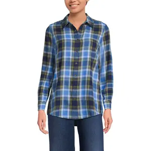 Lands' End Tall Flannel Boyfriend Long Sleeve Shirt - Medium Tall - Blue Vintage Plaid