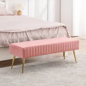 Fumahaus 44.75" Pink End Of Bed Bench Modern Tufted Velvet Ottoman Bench With Gold Legs  Upholstered Vanity Bench Luxurious Entryway Bench For Living Room Bedroom Hallway Room Decor