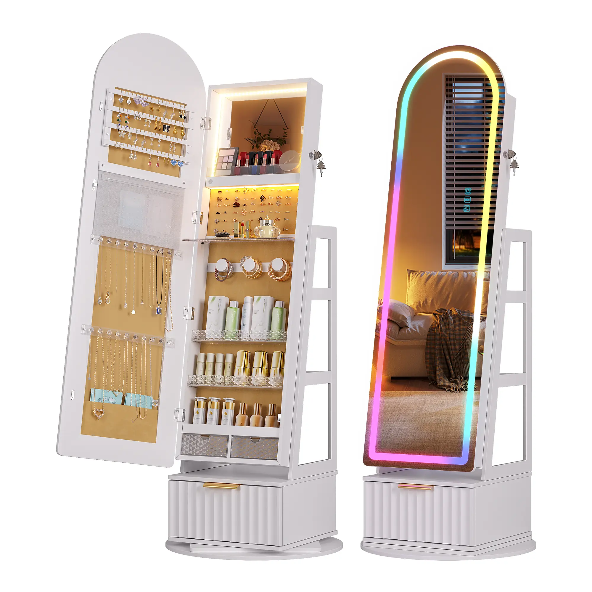 Dystler Arched Jewelry Cabinet with RGB Full-Length Mirror, 360° Swivel Standing Jewelry Armoire with Shelves & Drawer, Lockable Jewelry Organizers and Storage with Remote Control Light Wooden,summerwins