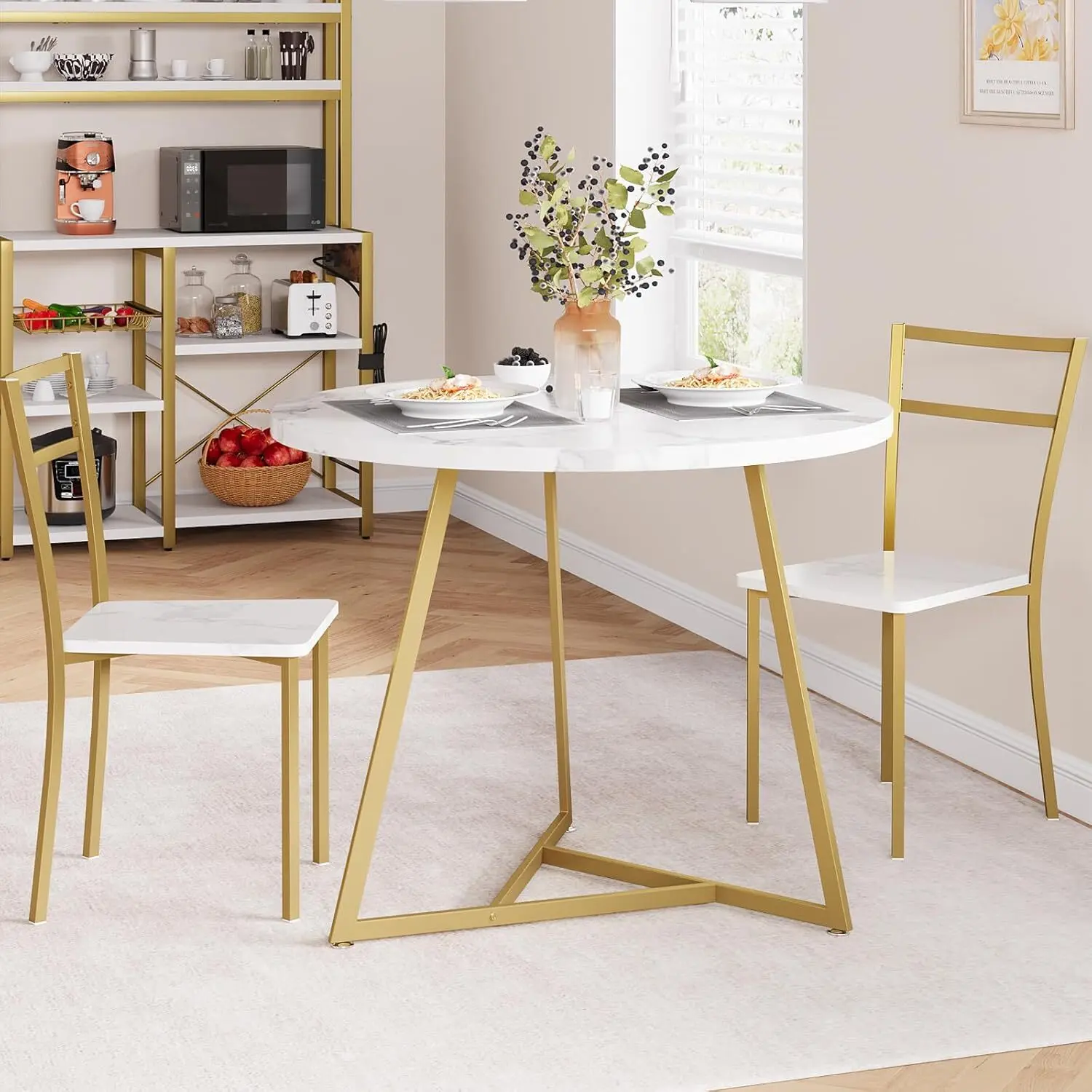 White/Golden 3-Piece Dining Room Set for 2 - Sturdy Faux Marble Small Round Dining Room Table, 2 Upholstered Chairs, Metal Frame, 150 lbs Capacity, Assembly Required, Apartment Decor Ideas for Casual Gatherings, Small Space Studio Furniture