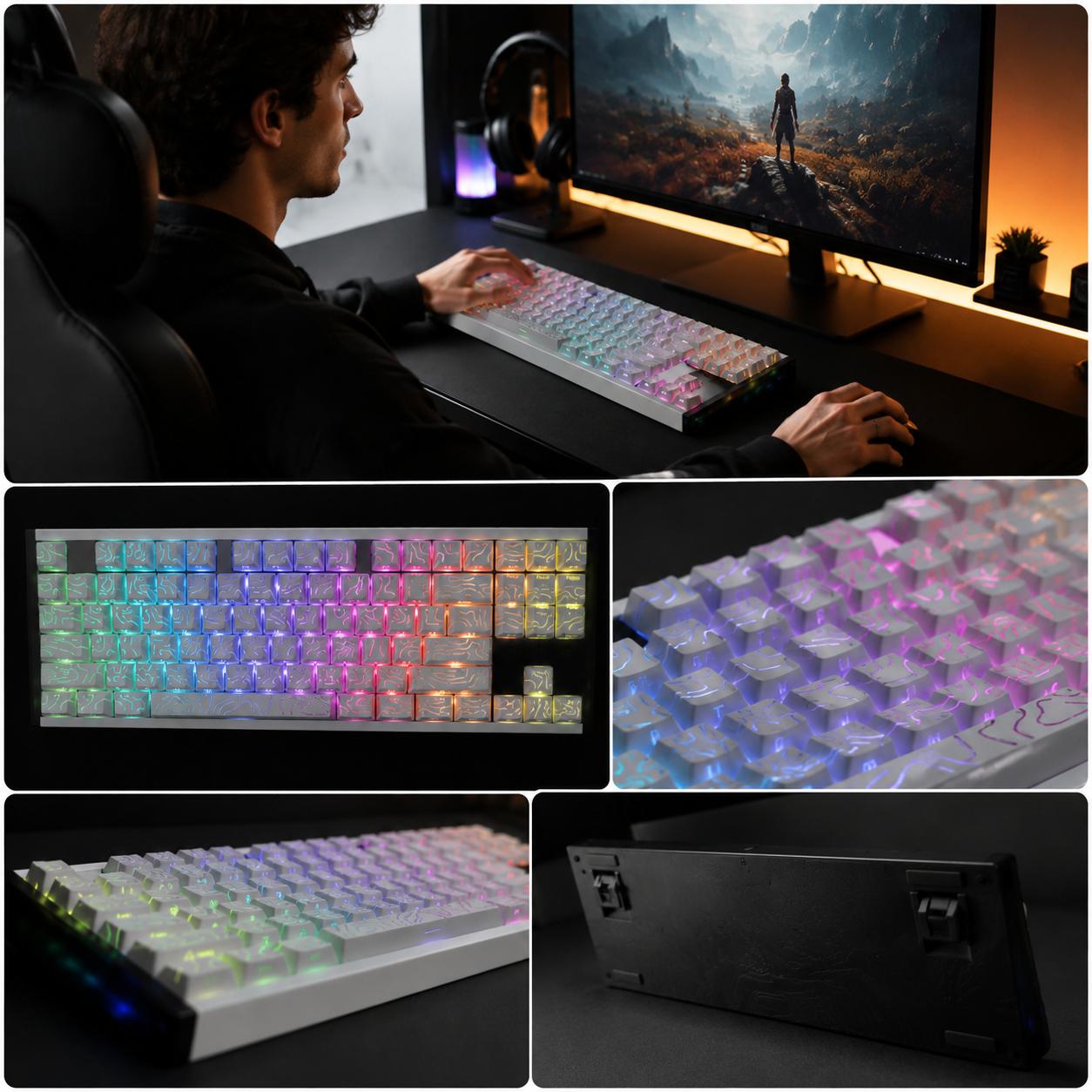 Full Size 104-Key CNC Full Aluminum Mechanical Keyboard, Hot Swappable Wired Gaming Keyboard with White Topographic Lines, Side-Printed Backlighting
