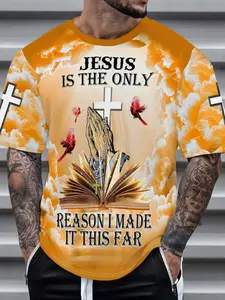 Men's Summer T-Shirt, Fitted, Prayer Hands & Cross Print, Bold Religious Text Design, Vibrant Round Neck Short Sleeve Top