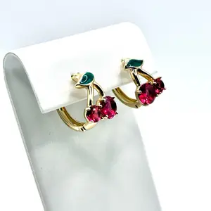 14K Gold-Plated Cherry Hoop Earrings | Red CZ Cherry Earrings | Cute Fruit Earrings | Small Gold Hoops | Cherry Jewelry