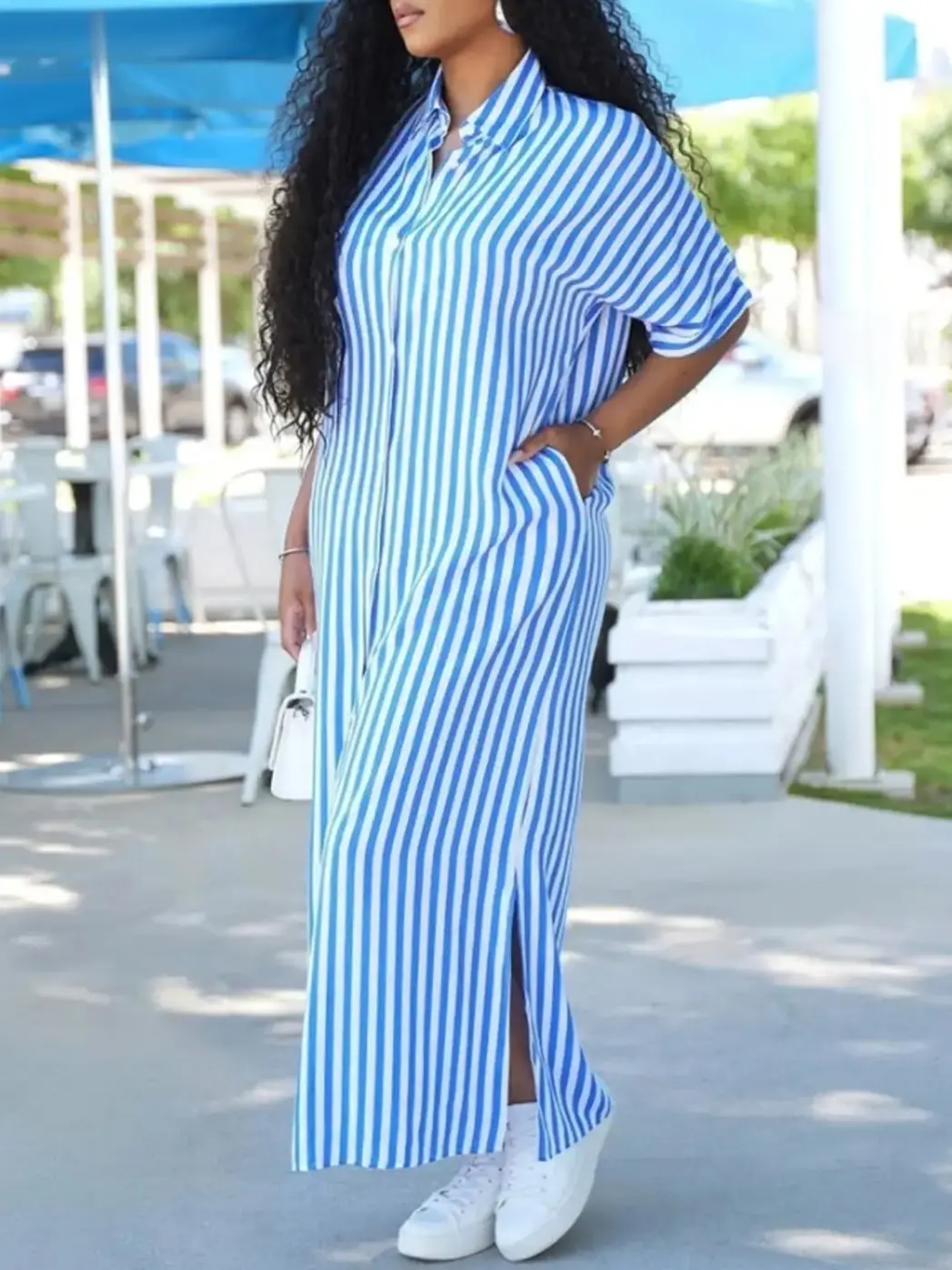 Women's Plus Size Casual Striped Shirt Dress with Pockets Short Sleeve Double Slit Machine Washable Blue & White Vertical Stripes Polyester Fabric Perfect for Everyday Outings Womenswear Summer - TikTok Shop Women's Plus Size Casual Striped Shirt Dress with Pockets Short Sleeve Double Slit Machine Washable Blue & White Vertical Stripes Polyester Fabric Perfect for Everyday Outings Womenswear Summer - TikTok Shop